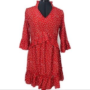 Polka Dot Long Sleeve V-neck Ruffled Dress